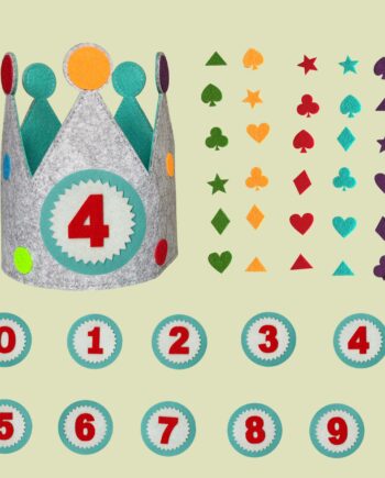 corona de cumpleaños con numeros y adornos de fieltro adhesivos