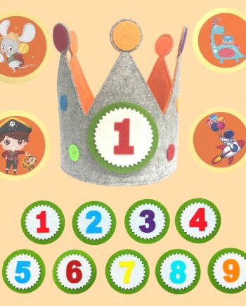 corona de fieltro para cumpleaños con numeros del 1 al 9 e ilustraciones